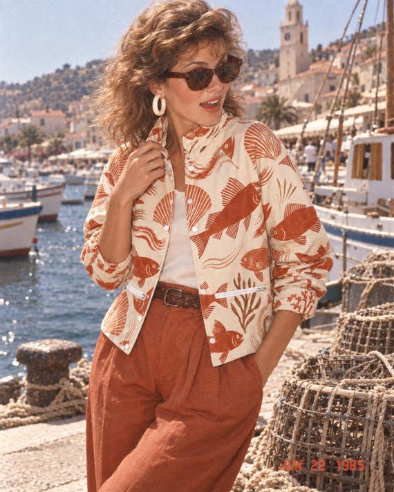 Fall Jacket for Women, Terracotta Fish Print Fleece Shacket, Vintage Statement Jacket