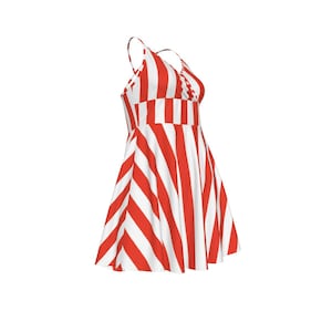 Red White Cabana Stripe Cami Dress, V-Neck Cross Strap Resort Wear image 15