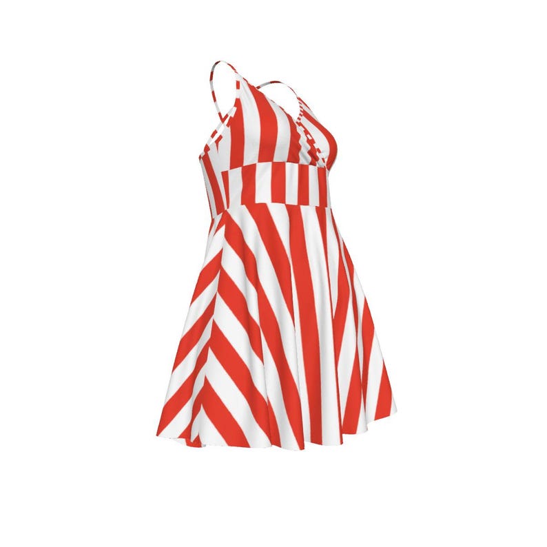 Red White Cabana Stripe Cami Dress, V-Neck Cross Strap Resort Wear image 15