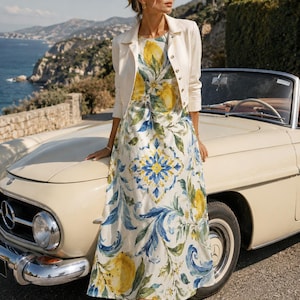 Amalfi Lemon Tile Midi Dress, Sleeveless Cotton Slub A-Line Vacation Resort image 11