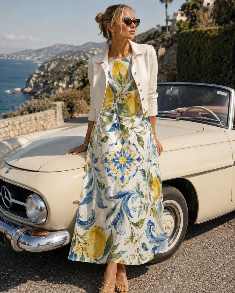 Amalfi Lemon Tile Midi Dress, Sleeveless Cotton Slub A-Line Vacation Resort image 11