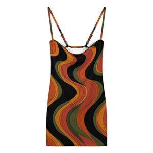 Retro Wave Strappy Mini Dress, 70s Abstract Swirl Summer Party Vacation image 9