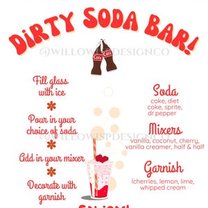 K&ouml;nnte beinhalten: Ein Dirty Soda Bar-Schild mit rotem Text und einem karierten Rand. Das Schild enth&auml;lt Anweisungen zur Herstellung einer Soda, eine Grafik einer Soda und eine Liste von Soda-, Mixer- und Garnierungsoptionen.