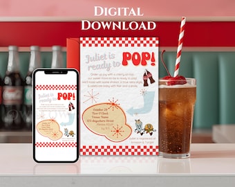 "Bereit zu Pop-Babyparty-Einladung - ""Soda Diner"" Thema (druckbare Download, zwei Größen inklusive)"
