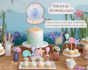 Under the Sea Cake and Cupcake Toppers Third Birthday Mermaid  : Printable Digital Download
