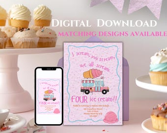 We Scream Four Ice Cream Birthday Invitation: Sundae Party (Digital Download 5x7 & 4x6 )