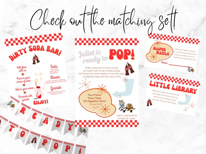 K&ouml;nnte beinhalten: Eine Sammlung von Babyparty-Dekorationen im Retro-Stil. Enth&auml;lt ein "Dirty Soda Bar"-Schild, eine Einladung, eine Windel-Tombola und kleine Bibliothekskarten. Die Designs zeigen rot-wei&szlig;-schwarze Karomuster und Grafiken zum Thema Soda.