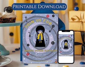Uitnodiging verjaardagsfeestje Coraline | Afdrukbare download (4 x 6 en 5 x 7) | Kinderverjaardag