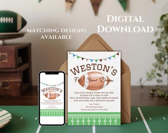Football First Birthday Invitation: 1st Year Down, Fall Theme (4x6 & 5x7 Digital Invite