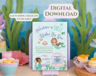 Mermaid Third Birthday Party Invitation | Under the Sea Printable Download (4x6 & 5x7) | Kids Birthday