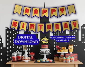 Banner de cumpleaños personalizable de superhéroes: Banderines de cómic de Los Vengadores (Descarga imprimible)