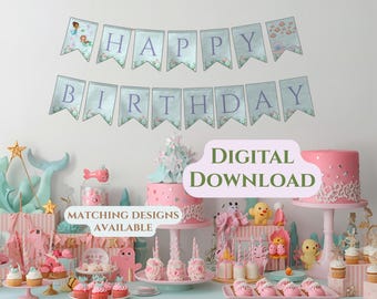 Under the Sea Customizable Birthday Banner: Girls Mermaid Pennants (Printable Download)