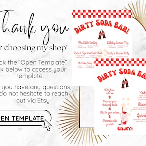 K&ouml;nnte beinhalten: Eine digitale Vorlage f&uuml;r ein "Dirty Soda Bar" Schild mit einem Retro-Diner-Thema. Das Schild zeigt rot-wei&szlig; karierte R&auml;nder, Soda-Rezepte und Anweisungen. Der Text enth&auml;lt "Danke" und "Vorlage &ouml;ffnen".