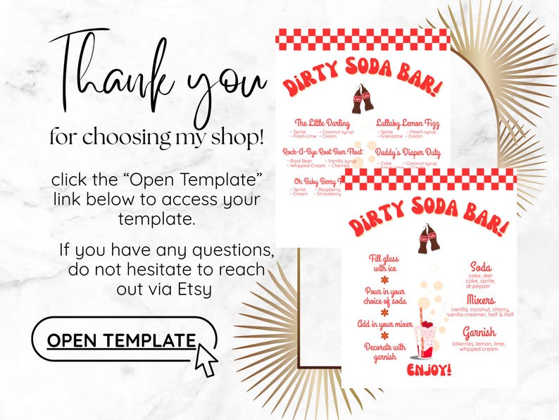 K&ouml;nnte beinhalten: Eine digitale Vorlage f&uuml;r ein "Dirty Soda Bar" Schild mit einem Retro-Diner-Thema. Das Schild zeigt rot-wei&szlig; karierte R&auml;nder, Soda-Rezepte und Anweisungen. Der Text enth&auml;lt "Danke" und "Vorlage &ouml;ffnen".