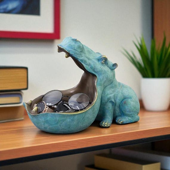 Hippo Mouth Storage Tray: Resin Animal Desk Organizer, Gold Accents