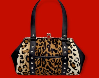 Leopard Handbag /  Cheetah Purse / Black Vegan Leather / Goth / Rockabilly / Pinup / Psychobilly / Horror Punk / Sophistigoth