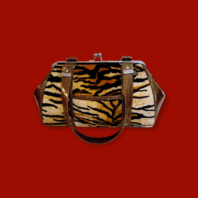 Gold Tiger Print Retro Handbag / MADE TO ORDER / Pinup Purse / Sparkle Bag / Glitter / Rock & Roll / Drag Queen / Rockabilly / Heavy Metal image 2