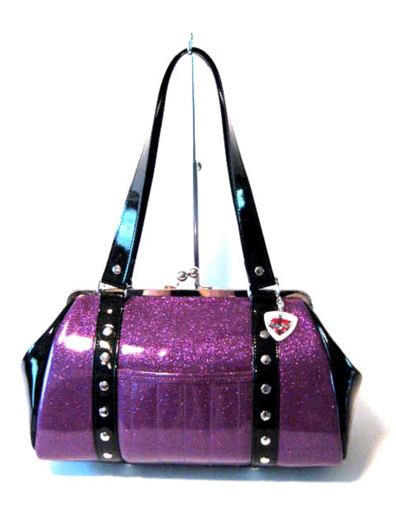 Purple Sparkle Purse Black Gloss Trim Vinyl Bag Rockabilly Etsy