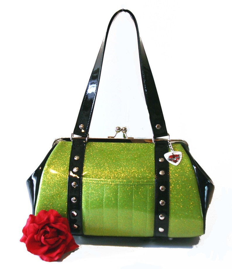 Lime Green Sparkle Purse Black Gloss Trim Vinyl Bag Rockabilly Etsy