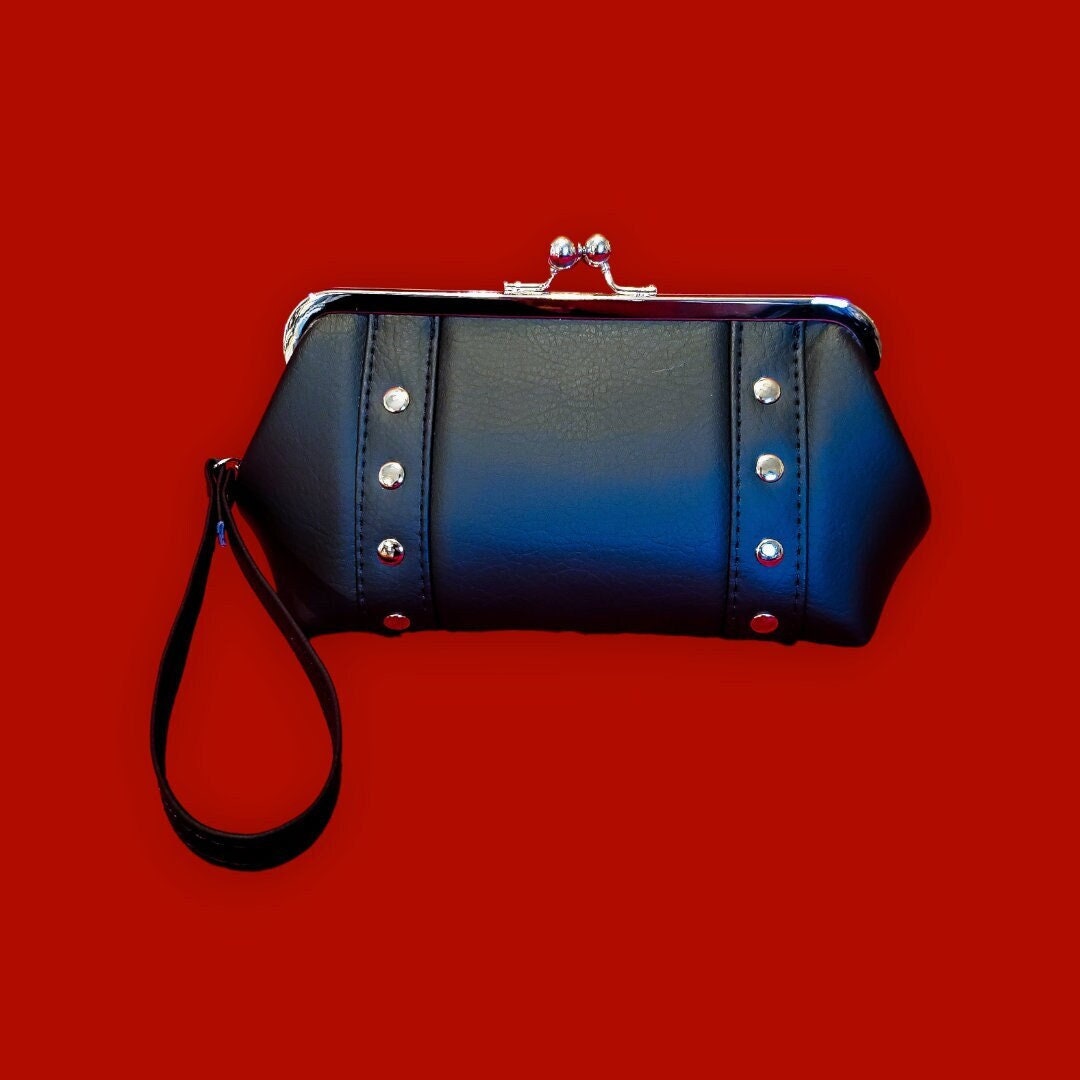 Black Vinyl Clutch, Faux Leather Vinyl, Kisslock Bag, Retro Clutch