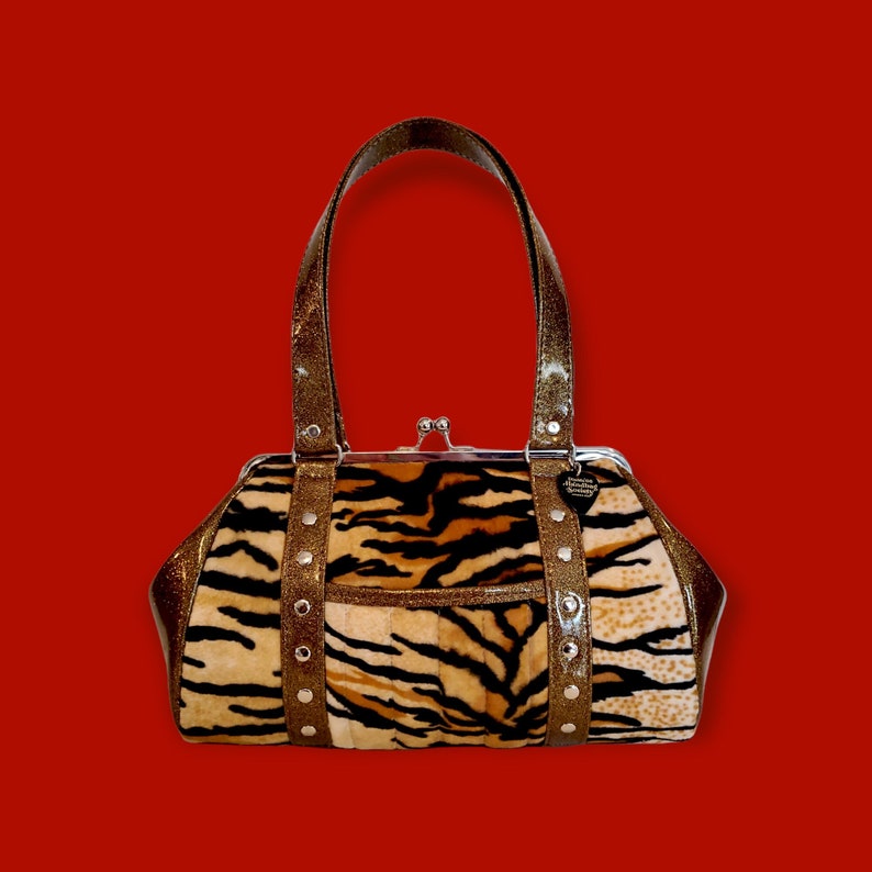 Gold Tiger Print Retro Handbag / MADE TO ORDER / Pinup Purse / Sparkle Bag / Glitter / Rock & Roll / Drag Queen / Rockabilly / Heavy Metal image 1