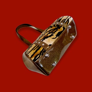 Gold Tiger Print Retro Handbag / MADE TO ORDER / Pinup Purse / Sparkle Bag / Glitter / Rock & Roll / Drag Queen / Rockabilly / Heavy Metal image 3