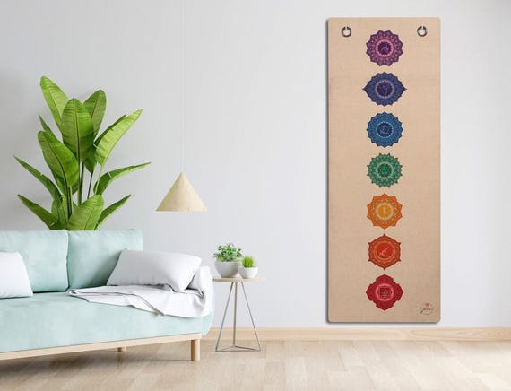 Chakra Hemp Yoga Mat – Natural Rubber, 7 Chakras Art, Eco Wall Hanging