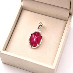925 Sterling Silver 6Rays Asterism Naturlig Stjärna Rubin Hänge Oval Cabochon Röd Rubin Halsband Handgjorda Statement Smycken