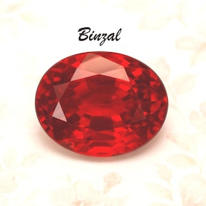 May include: A faceted, oval-shaped, red gemstone. The gem has a brilliant cut, reflecting light. The word "Binzal" is written in black cursive above the gem. The background is white with a subtle floral pattern.