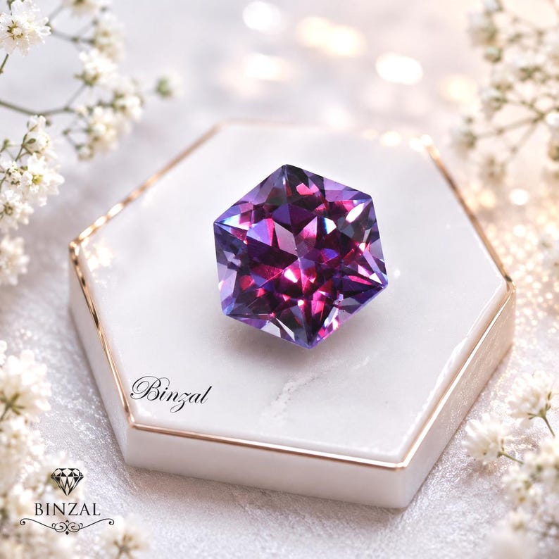 Puede incluir: Una piedra preciosa facetada de corte hexagonal que muestra tonos p&uacute;rpuras y magenta profundos. La piedra descansa sobre una base hexagonal blanca con patr&oacute;n de m&aacute;rmol y bordes dorados. El texto Binzal est&aacute; impreso en la base.