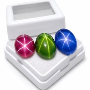May include: Three oval cabochon gemstones displayed in a white plastic box with a clear lid. The stones feature a six-rayed star effect, including one magenta, one green, and one blue gemstone, each with a smooth, polished, and reflective surface.