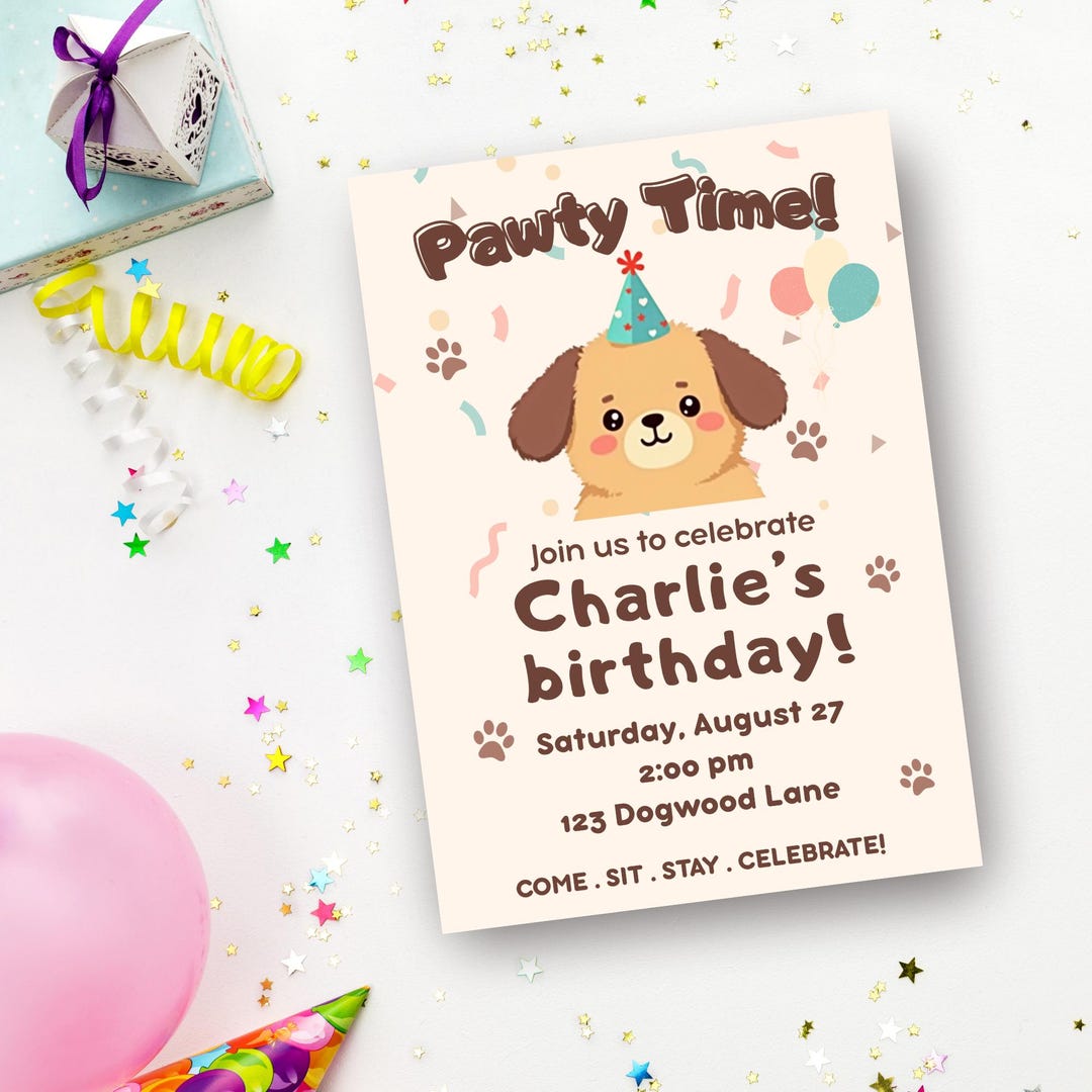 Editable Dog Birthday Invitation Template | Canva Puppy Party Invite ...