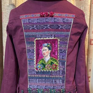 Sequin Frida maroon upcycled embellished jean jacket women's Large