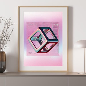 May include: Framed art print featuring a 3D cube design with a gradient of teal, red, and silver. The artwork is set against a pink and purple background with a retro aesthetic. The print is displayed in a gold frame.