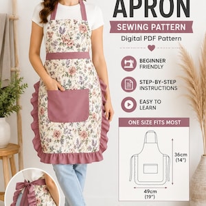 Könnte beinhalten: Ein digitales PDF-Schnittmuster für eine Rüschenschürze mit Blumenmuster auf cremefarbenem Grund, einfarbigen malvenfarbenen Akzenten, einer Vordertasche und seitlichen Rüschen. Das Schnittmuster enthält Anleitungen für eine 36cm mal 49cm große Schürze.