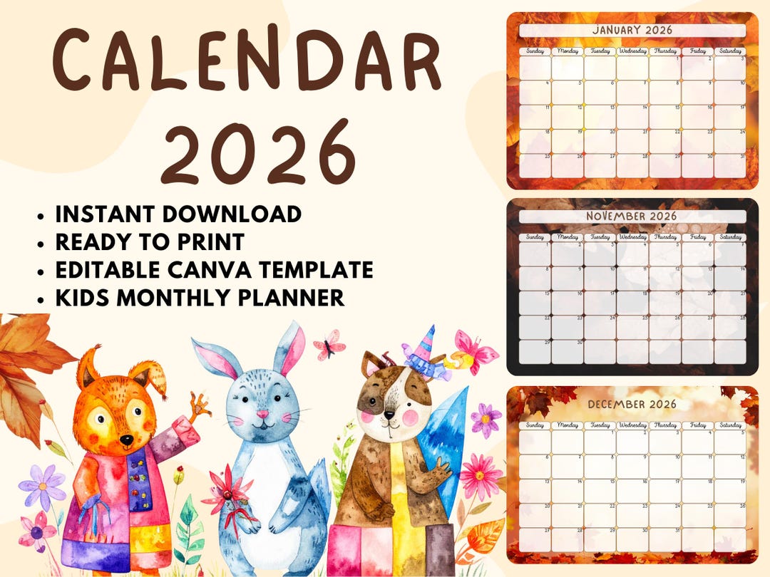 Printable Kids Calendar 2026, Kids Monthly Planner, Homeschool Calendar ...