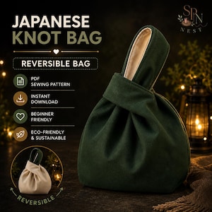 Puede incluir: Un bolso de nudo japonés reversible con exterior verde bosque oscuro e interior beige claro. El bolso tiene un diseño de asa único donde una correa pasa a través de la otra. El texto incluye JAPANESE KNOT BAG y REVERSIBLE BAG.