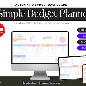 May include: A digital budget planner displayed on a desktop computer, tablet, and smartphone. The screen shows a spreadsheet with financial categories and charts. The image includes the text "Simple Budget Planner" and "Bonus Goal Tracker."