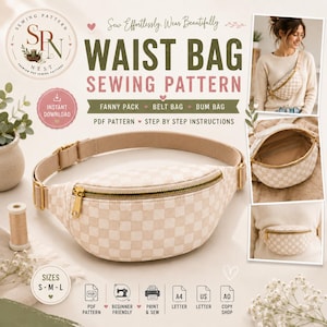 May include: A waist bag sewing pattern featuring a beige and white checkered fanny pack with a gold zipper. The digital document includes step-by-step instructions, PDF pattern files in A4, US Letter, and A0 sizes, and labels for sizes S-M-L.