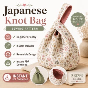 Japanese Knot Bag Sewing Pattern PDF | Reversible Bag Pattern | Easy Beginner Sewing Tutorial | Printable Template | Instant Download