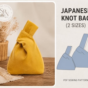 May include: A mustard yellow fabric Japanese knot bag with a single long handle looped through a shorter one. The image includes text reading JAPANESE KNOT BAG (2 SIZES) and PDF SEWING PATTERN, alongside a blue line drawing of two bag sizes.