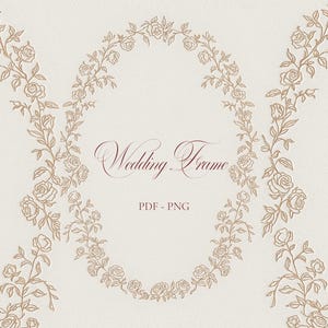 Op de afbeelding: Een digitaal ontwerp met een bloemen trouwkader en de tekst "Wedding Frame" in een scriptlettertype. Het frame heeft een ovale vorm, omgeven door rozenillustraties in goud. Het ontwerp bevat ook verticale bloemenranden.