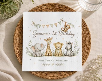 Personalized Safari 1st Birthday Napkins, First Year Of Adventures Decor, Jungle Animals Birthday Supplies, Custom Watercolor Napkins
