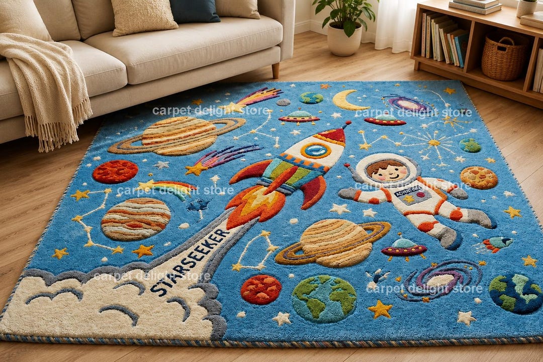 Kids Outer Space Rug – Astronaut, Rocket Ship, Galaxy Planets ...