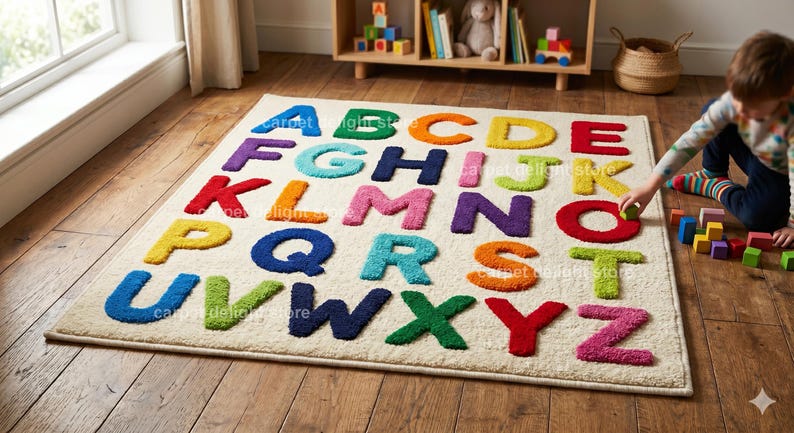 May include: A rectangular area rug with a cream-colored background featuring the alphabet in raised, multi-colored letters. Each letter is rendered in a distinct, vibrant hue including blue, green, orange, yellow, red, purple, and pink.