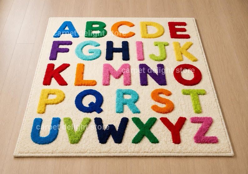 May include: A rectangular area rug with a cream-colored background featuring the English alphabet in raised, multi-colored letters. Each letter is rendered in a distinct, vibrant hue including blue, green, orange, yellow, red, purple, and pink.