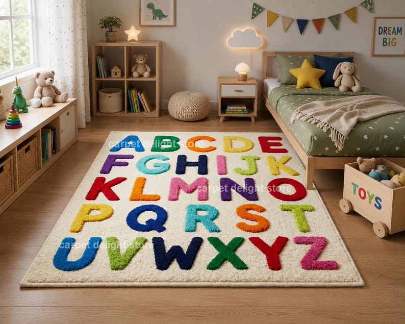 May include: A rectangular area rug featuring a cream-colored background with the English alphabet letters A through Z in various bright colors including blue, green, orange, yellow, red, purple, and pink, arranged in five rows on the floor.