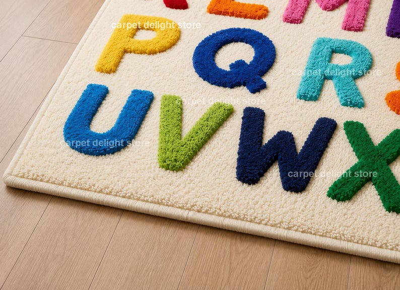 May include: A cream-colored area rug featuring a tufted alphabet design with raised, textured letters in various colors including yellow, blue, green, orange, pink, and dark blue. The letters U, V, W, X, Q, and R are clearly visible on the surface.