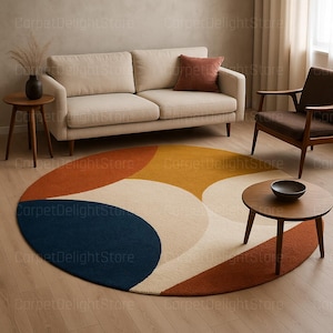 Modern Round Area Rug – Abstract Geometric Carpet in Burnt Orange, Mustard, Cream & Navy | Mid Century Modern Living Room Decor 4x6 5x8ft