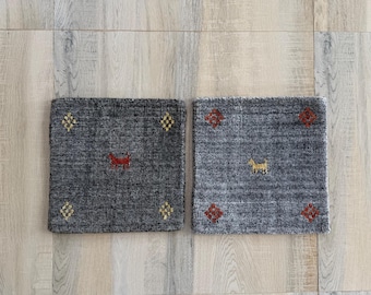 Handmade Gabbeh Small Wool Rugs: Grey Traditional Persian Placemats Pair 30x30 cm